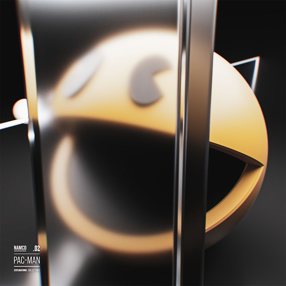 An experimental 3D poster design featuring a yellow Pac-Man asset viewed through a thick vertical pane of glass, creating a heavy optical refraction and edge blur effect over the model, with technical typography in the bottom-left corner.