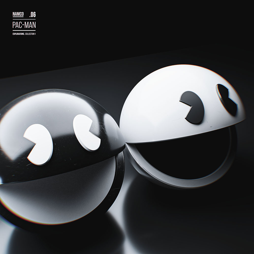 A monochrome 3D graphic design poster layout featuring two large Pac-Man character models, one with a glossy black finish reflecting light and the other with a matte white finish, facing each other on a dark surface with minimalist typography in the top-left corner.