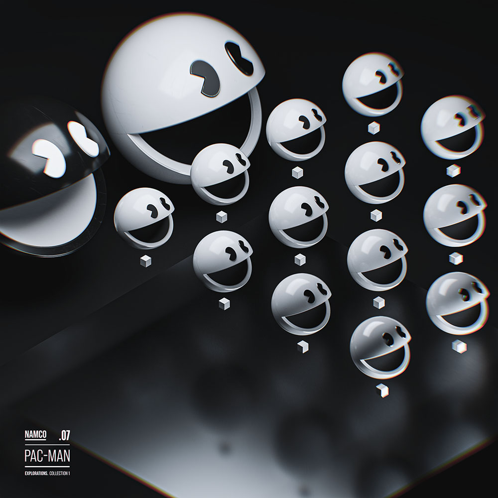An experimental 3D poster layout showcasing an isometric array of white Pac-Man character assets floating above miniature geometric cubes, arranged diagonally on a reflective dark stage with technical font elements in the bottom-left corner.