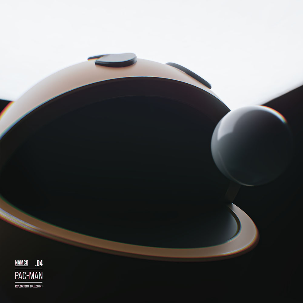 A low-angle macro 3D render of a yellow-gold Pac-Man model, showing a glossy grey sphere floating directly in front of its open mouth profile against a bright rim-lit backdrop, completed with minimal poster typography in the bottom-left corner.