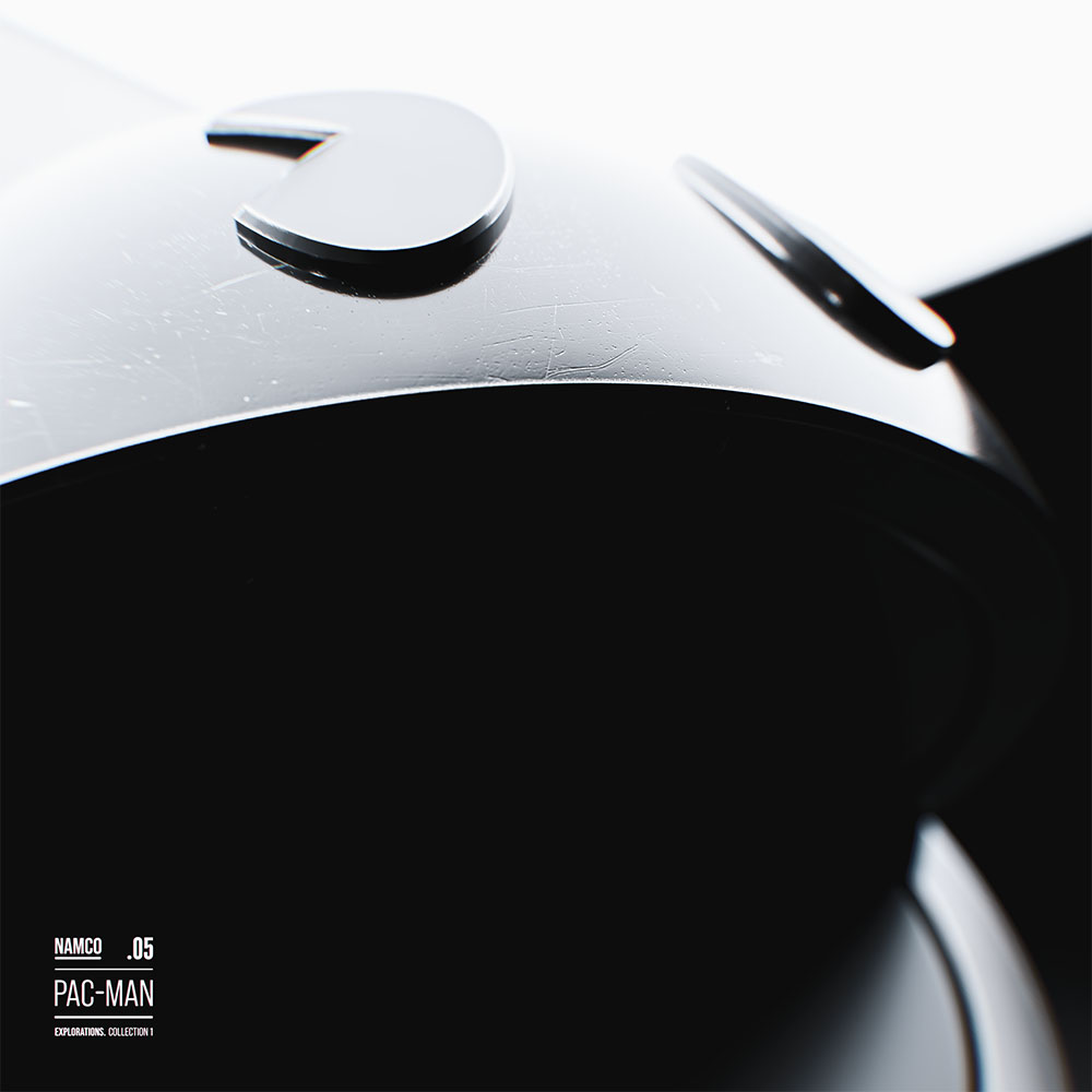 An extreme close-up macro 3D render focusing on the polished white curved chassis of the Pac-Man model, highlighting fine surface micro-scratches, geometric eye details, and intense studio rim lighting contrasting against deep negative space shadows.