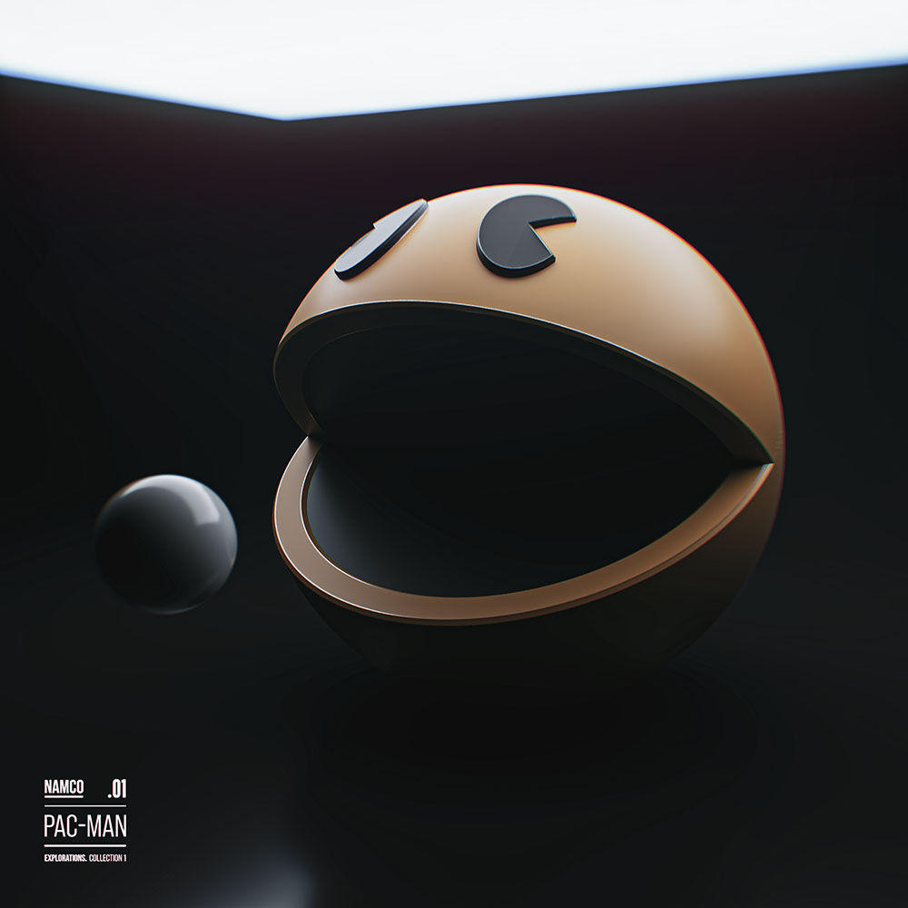 A 3D graphic design poster featuring a yellow-gold Pac-Man model in profile, open-mouthed toward a small, floating grey sphere or pac-dot, set against a moody dark background with a soft overhead rim light and technical typography in the bottom-left corner.