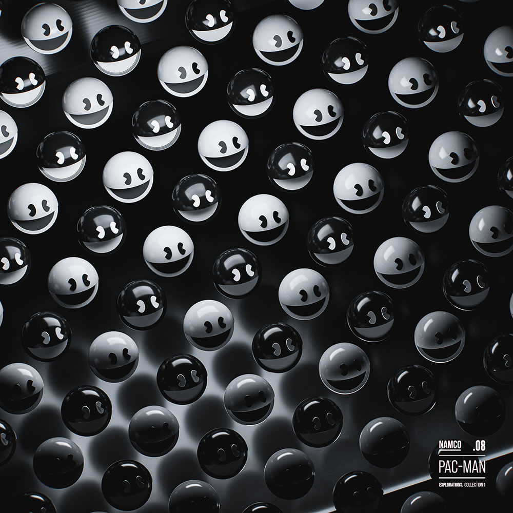 An abstract 3D poster layout showcasing a dense, repeating grid pattern of glossy black and white Pac-Man spheres reflecting sharp studio lighting, creating a high-contrast geometric texture with technical graphic typography in the bottom-right corner.