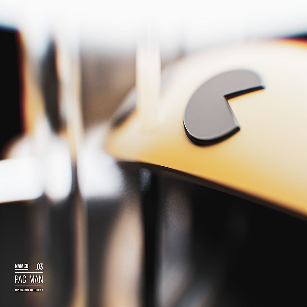 An experimental 3D poster layout featuring an extreme macro camera perspective of the yellow-gold Pac-Man asset, showcasing heavy chromatic aberration, strong background bokeh lens blur, and an out-of-focus technical font layout in the bottom-left corner.