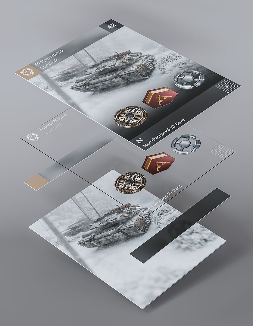 An exploded architectural layout breakdown demonstrating the technical structure of a modern gaming player card, illustrating how the background 3D tank illustration combines with text, badge overlays, and gradient safe areas.