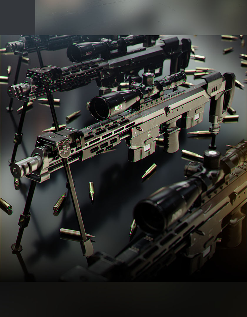 A high-angle studio render displaying a sequence of repeating high-caliber sniper rifles propped on bipods across a dark, glossy, reflective studio surface scattered with spent brass casings.