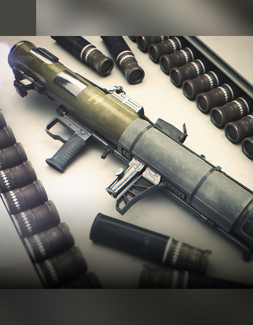 A clean top-down perspective layout of an olive-drab rocket launcher asset arranged symmetrically alongside rows of heavy explosive rocket ammunition canisters.