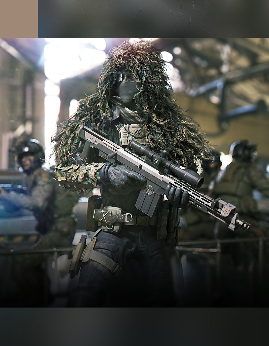 A detailed portrait composition of a stealth recon sniper clad in a full textured camouflage ghillie suit, holding a high-caliber sniper rifle inside a blurred architectural military facility.