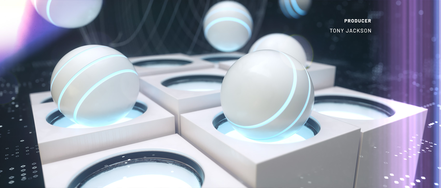 A low-angle studio render featuring a grid of modular white cuboid structures with recessed circular sockets, holding smooth white spheres accented by glowing cyan rings under soft atmospheric lighting.