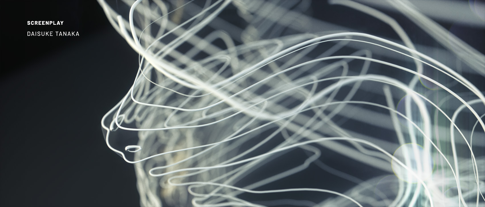 A close-up cinematic style frame tracking across a complex mesh of glowing white organic spline lines that woven together to subtly map out the side profile of a human face, rendered with a soft optical depth of field.