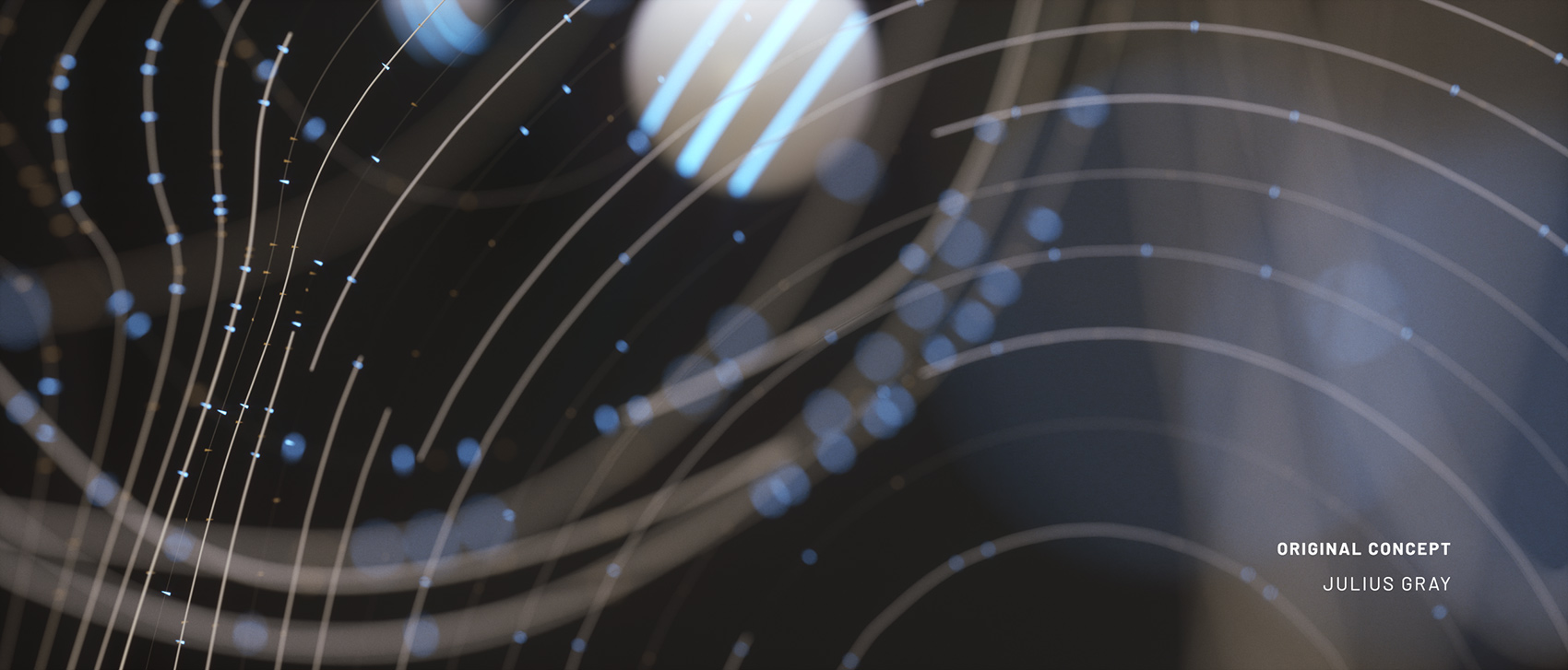 A dark, moody style frame showing elegant concentric vector path lines twisting across the layout, overlaid with glowing blue particle nodes and a smooth, striped sphere drifting through the upper quadrant.