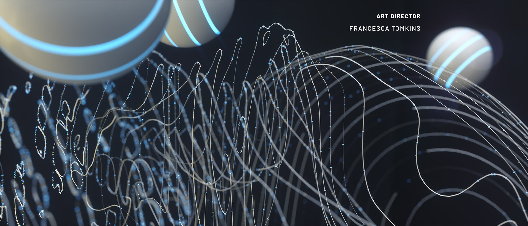 An abstract cinematic style frame featuring dense, flowing networks of white particle splines and curved topographic vectors across a dark background, accented by large, smooth floating spheres with glowing blue neon rings.