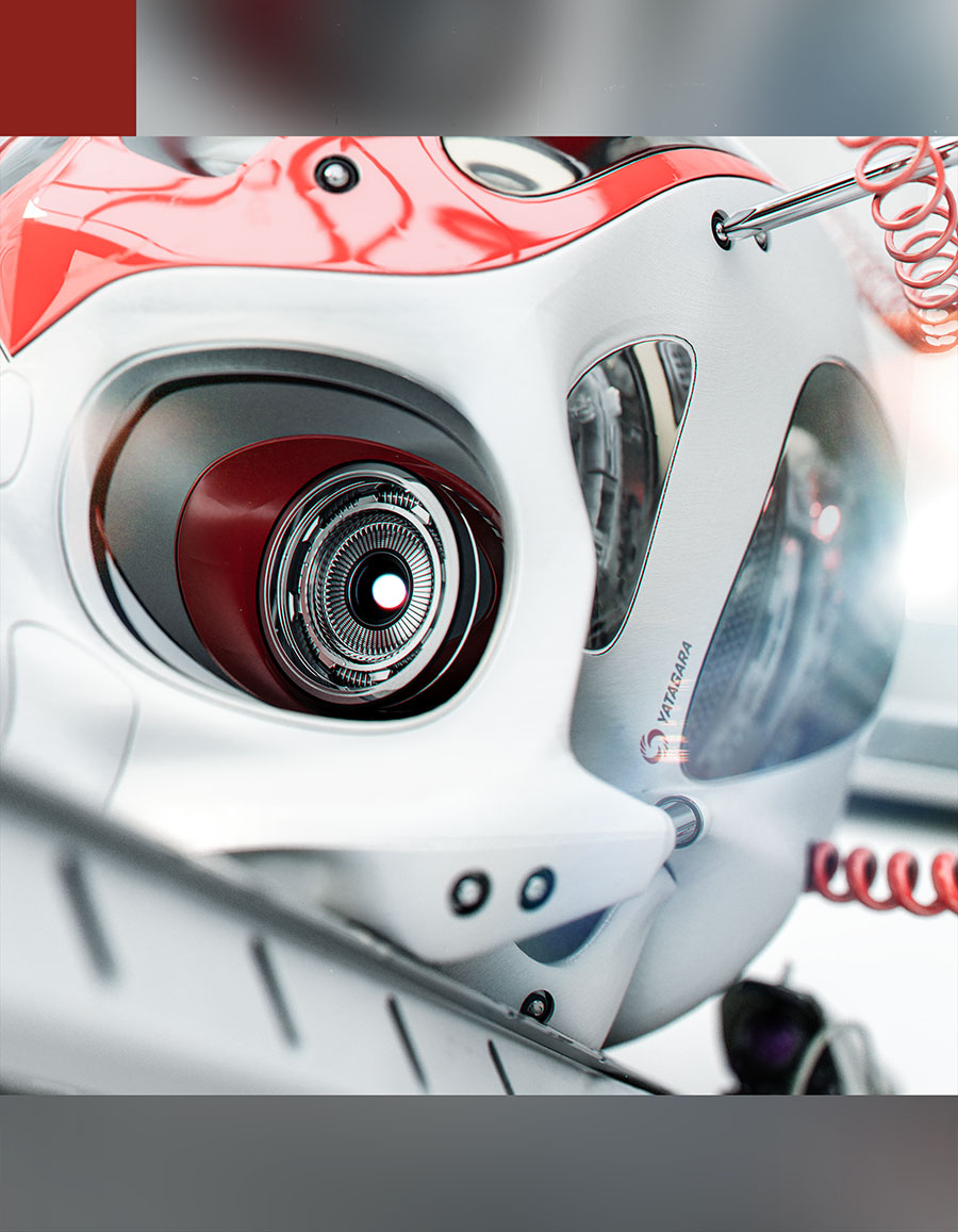 A pristine macro close-up of a futuristic white and red sci-fi flight helmet, showcasing high-fidelity panel curves, optical lens elements, and coiled red cables.