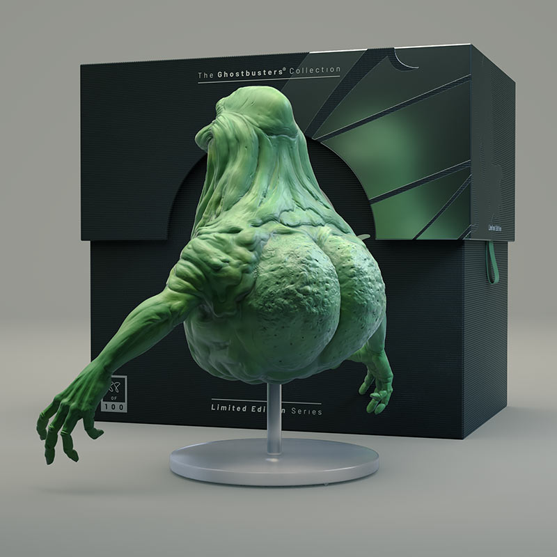 A full back view of the green Slimer model on its clear display stand, showcasing the complete 3D sculpt anatomy with the product packaging box behind it.