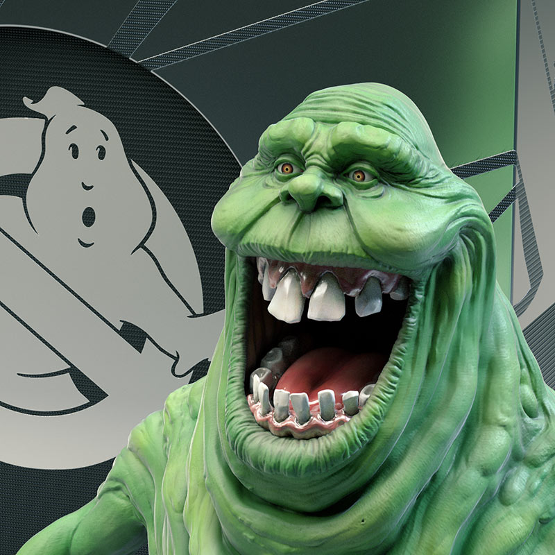 A close-up square view focusing on the face of the 3D-sculpted Slimer figure, highlighting his wide open mouth, detailed teeth, and organic green skin wrinkles.