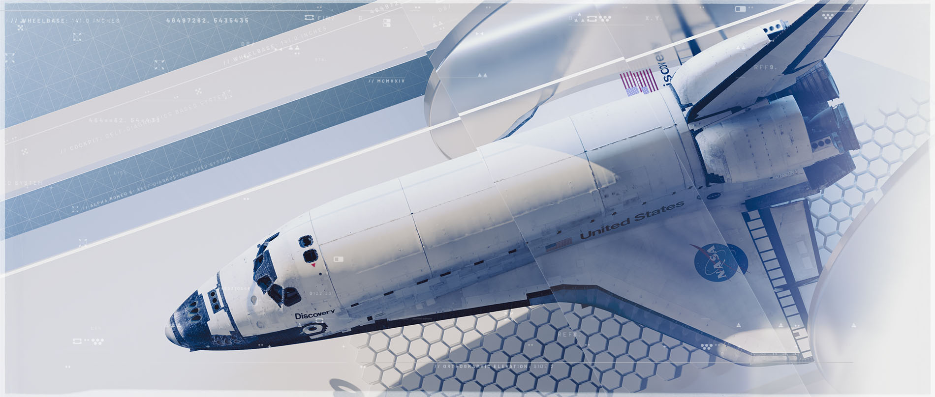 An overhead diagonal style frame of the Discovery space shuttle model, featuring a light blue layout with telemetry data graphics and a geometric honeycomb pattern layer underneath.