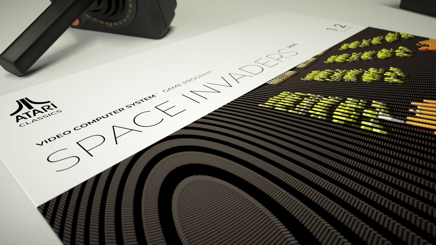 An angled macro close-up focusing on the elegant, minimalist Space Invaders branding and clean white layout template, leading down into an array of yellow and orange 3D voxel alien invaders marching across concentric black wave geometry.