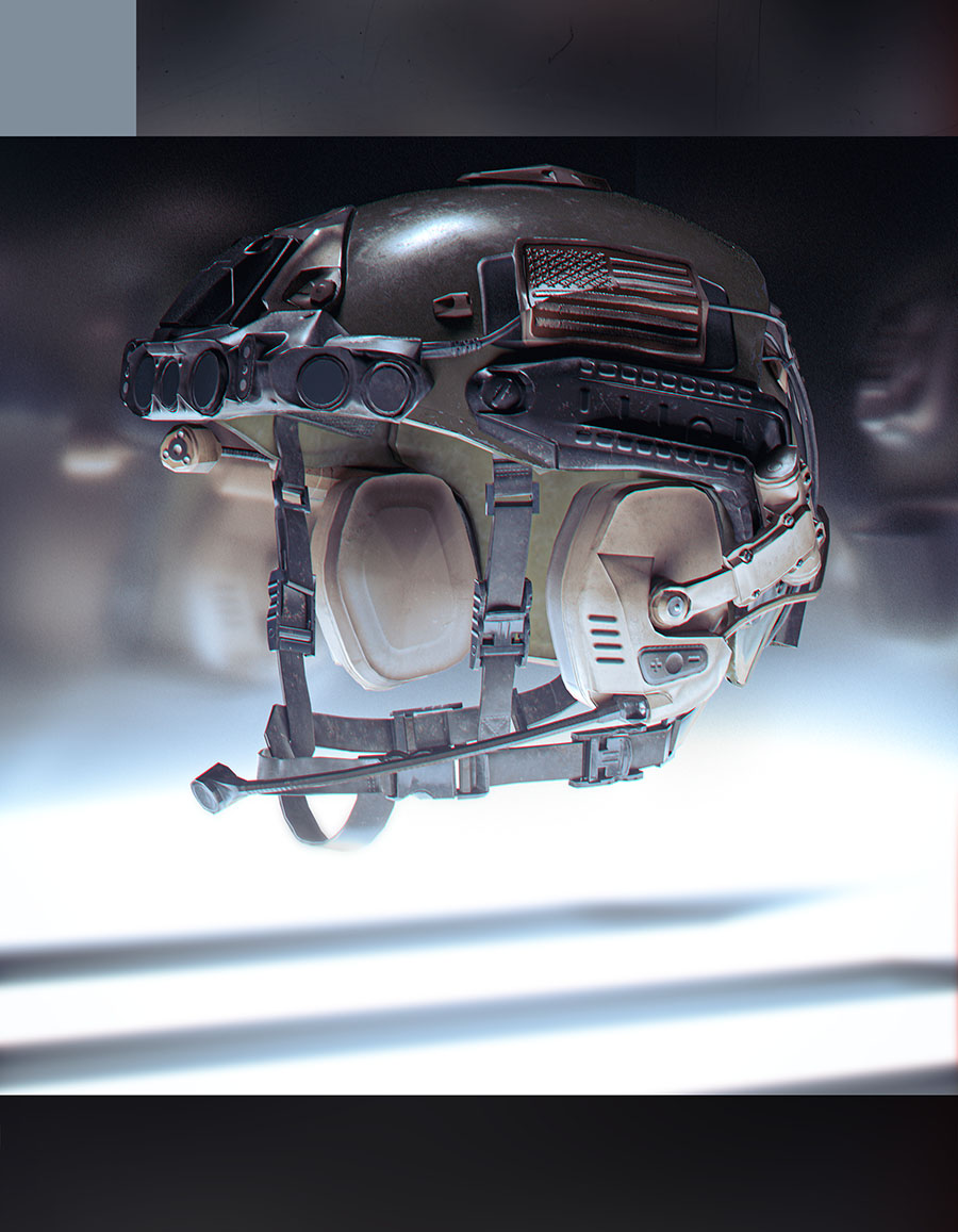 A floating studio presentation showcase of a dark special forces ballistic helmet asset, complete with detailed chinstrap rigging, interior padding, and night-vision shroud mounts.