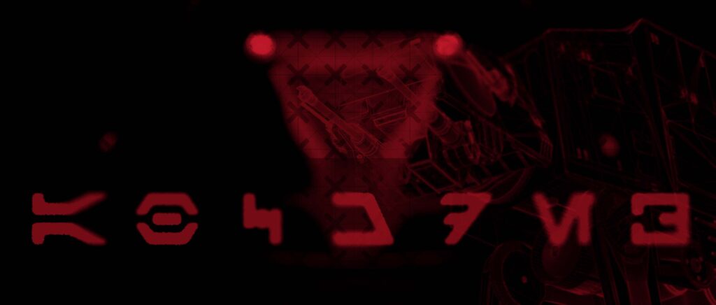 A dark crimson style frame featuring large, centered Aurebesh fictional Star Wars lettering, set against a faint background layout pattern of technical crosshairs and structural geometry.