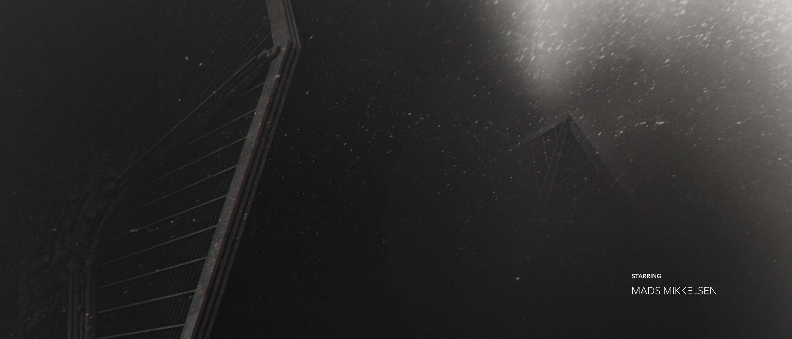 A stark, low-visibility cinematic frame tracking a starship wing edge against a vast, out-of-focus planetary horizon in deep space, featuring realistic film grain and clean credit text overlay.