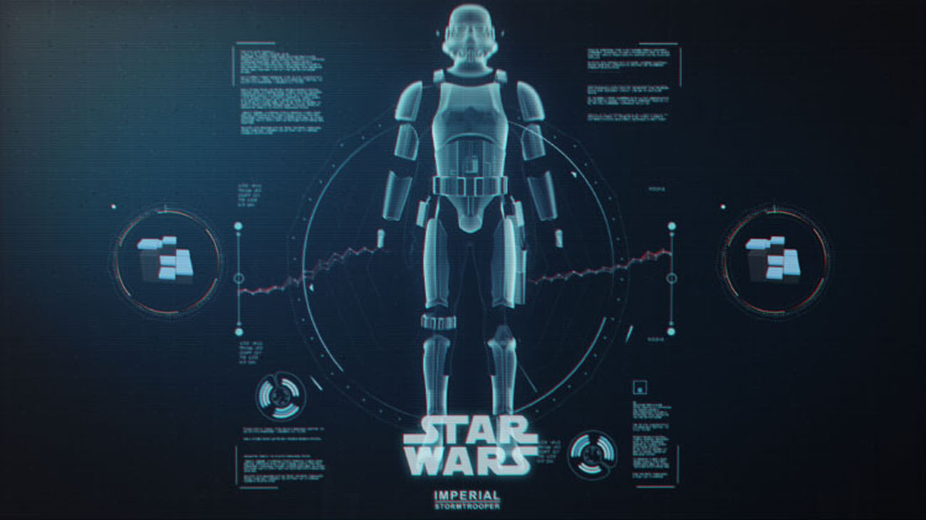 A beautifully balanced title sequence layout showing a full-body 3D Stormtrooper hologram centered above a minimalist Star Wars logo, framed by dense technical paragraphs and a fine horizontal pulse line.