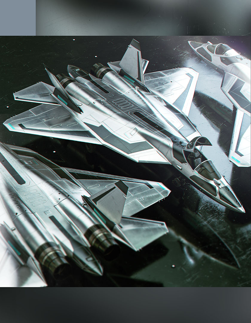 A high-angle look-development composition showing a squadron of metallic stealth fighter jets parked on a reflective, dark glossy hangar deck surface under crisp studio spotlighting.