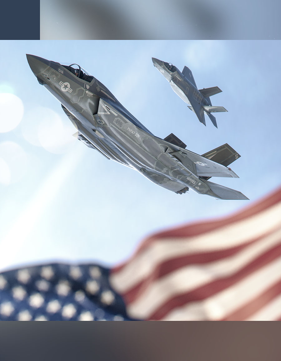 A dynamic air-to-air 3D render of stealth fighter jets banking hard through a clear sky, creatively framed with a soft-focus American flag waving across the lower foreground.