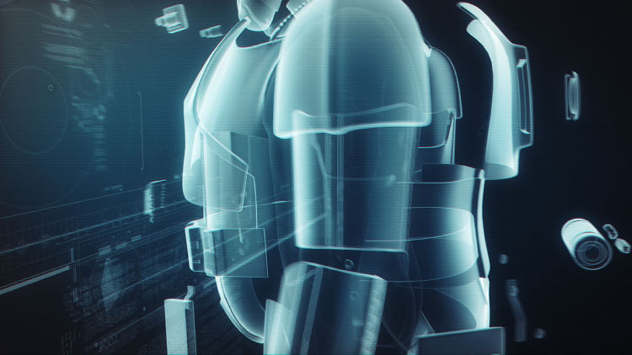 A close-up schematic render of a Stormtrooper's shoulder and arm plating drifting apart in an exploded view style, integrated with fine technical alignment grids and glowing blue data vectors.