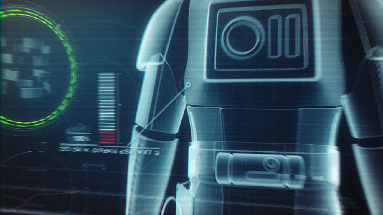 A clean, low-key rear composition showing the upper shoulder blade section of a Stormtrooper, with tracking points linking the armour casing to digital readouts and a bright green asset radar display.