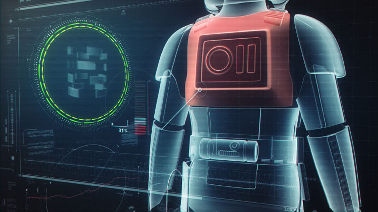 A rear title frame showing a Stormtrooper's upper backplate highlighted in glowing red, mirrored by a green circular diagnostic interface showing rotating geometric telemetry components.