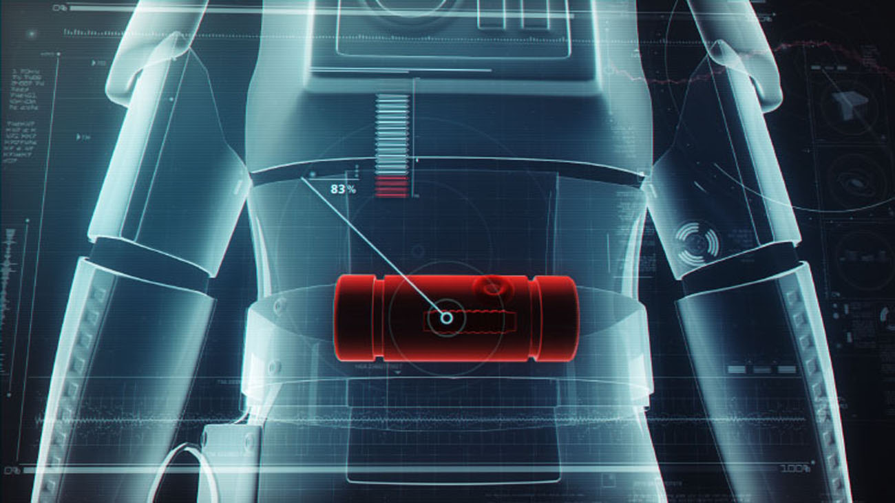A symmetrical, rear orthographic frame detailing a Stormtrooper’s equipment belt and central power cell canister, with targeting crosshairs, data matrices, and percentage tracking bars overlaid.
