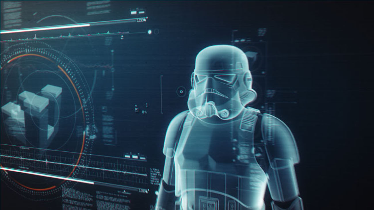 A clean, wide-angle cinematic frame showcasing a monochromatic blue holographic 3D Stormtrooper asset standing amidst rotating graphic UI panels and geometric layout frames.