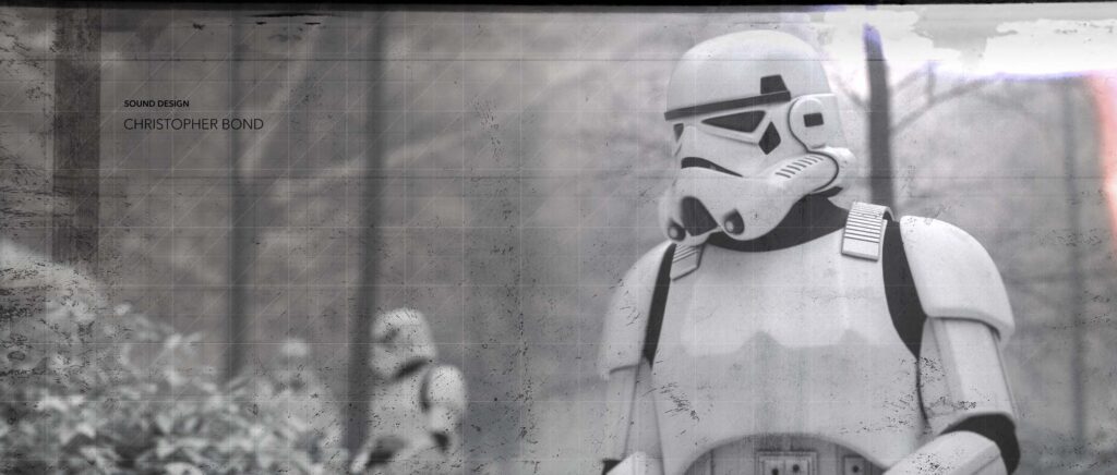 A desaturated, gritty cinematic style frame showing a 3D Stormtrooper model standing in a hazy forest environment with technical grid overlays and minimalist credit text on the left.