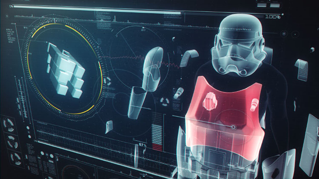 A wide FUI look-development frame showing a 3D Stormtrooper model with its chest armour highlighted in translucent red, surrounded by floating holographic data readouts, progress bars, and a geometric telemetry radar.