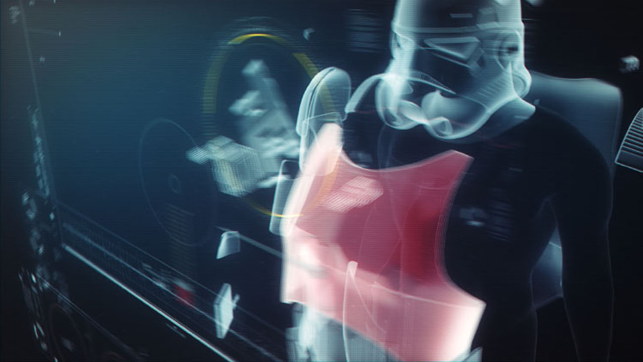 An angled camera sweep tracking a Stormtrooper's glowing red chest shield diagnostic, showing flat 2D graphic user interface screens floating and rotating realistically within the 3D studio space.