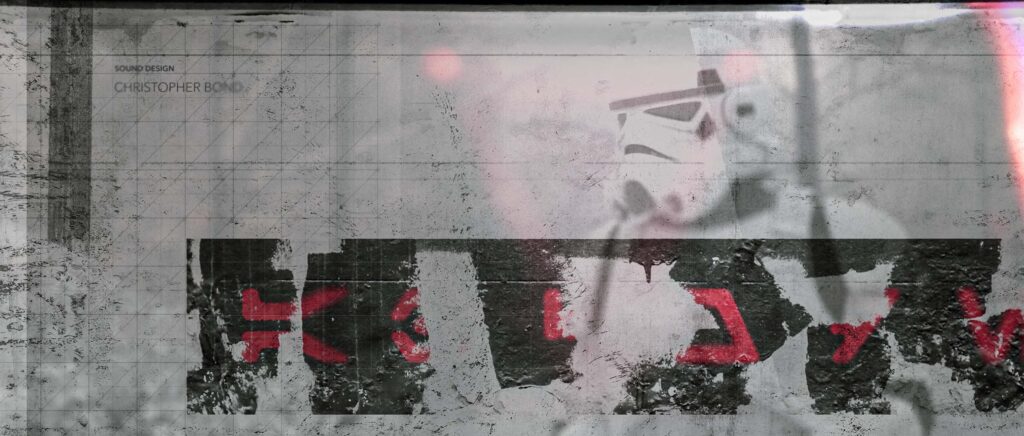 A heavily weathered, monochromatic style frame showing a Stormtrooper profile layered with heavy textures and film grain, featuring glowing red Aurebesh typography partially obscured by a solid black graphic block.