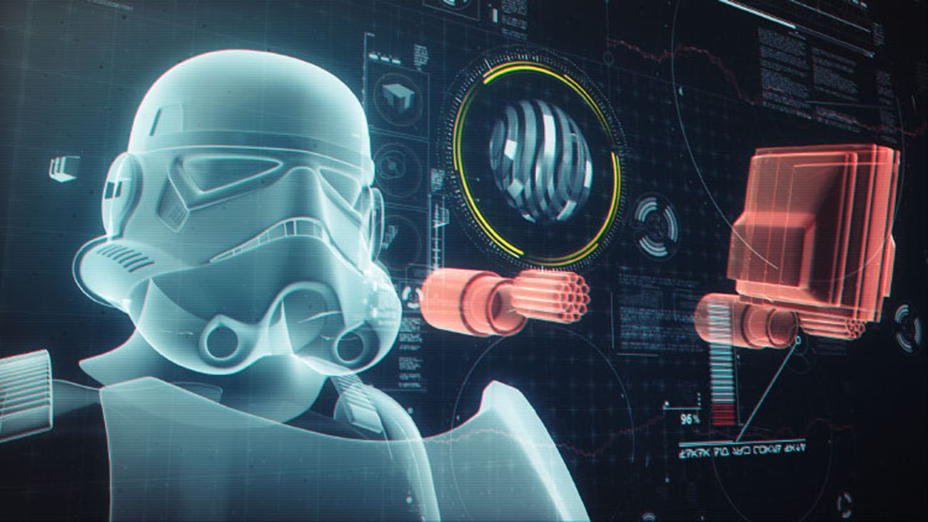 A close-up profile style frame showing a 3D Stormtrooper helmet model tracking floating orange holographic components, backed by dense digital data screens and a central circular radar.