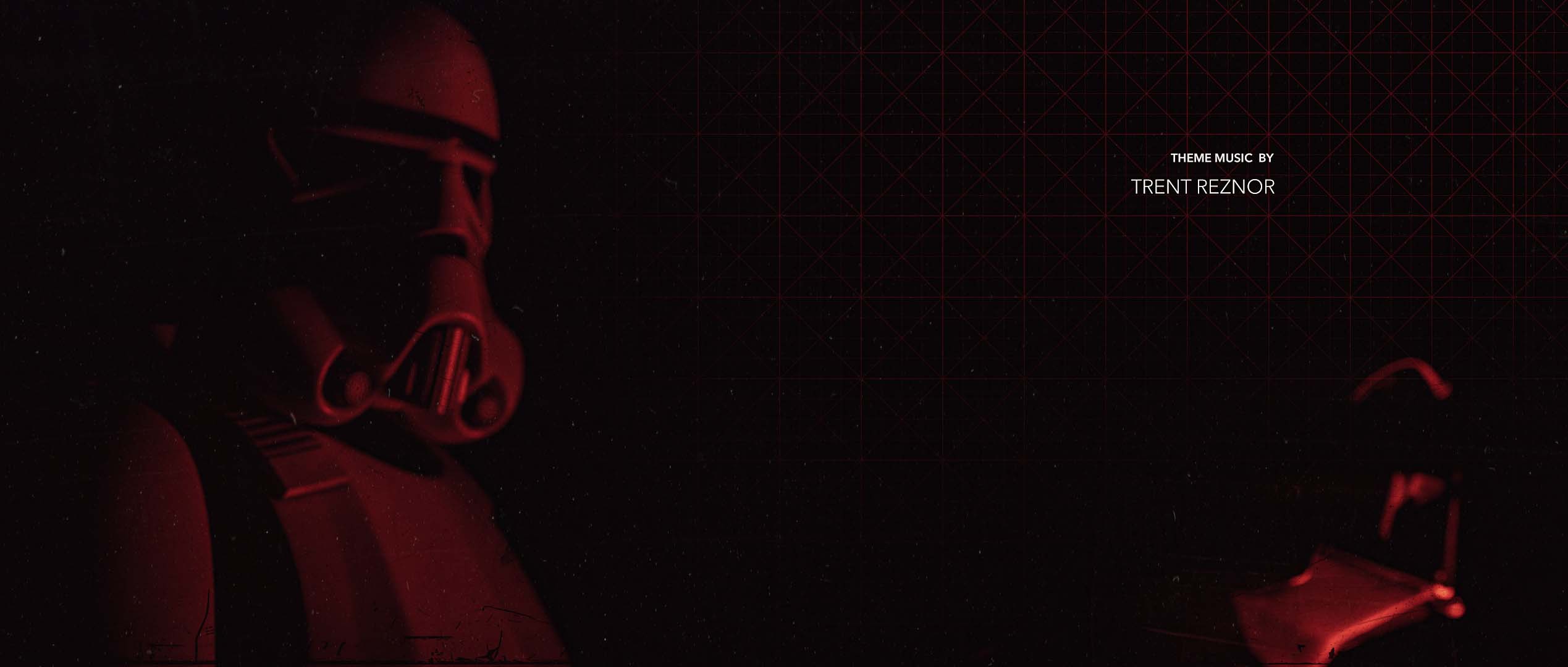 A low-key lighting composition isolating a custom-modelled Imperial Stormtrooper on the left side of a dark frame, shrouded in deep red shadows over an extensive technical grid pattern.