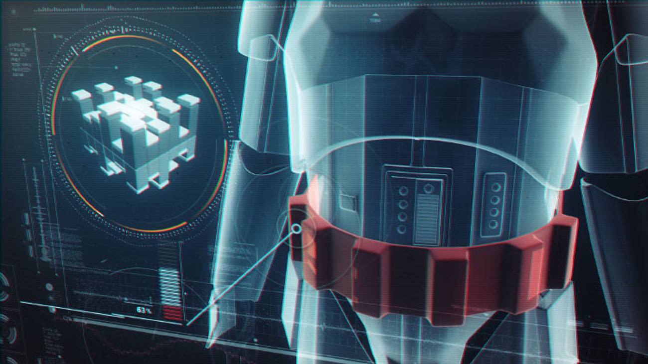 A frontal midsection render tracking the red ammunition pouches, flanked by a prominent circular radar ring housing an abstract 3D geometric block data visualization.