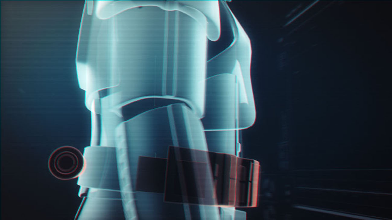 A high-contrast side profile frame tracking the lower hip and utility belt holster section of the Stormtrooper, featuring a circular target reticle and digital graphic lines pinned to the moving 3D model.