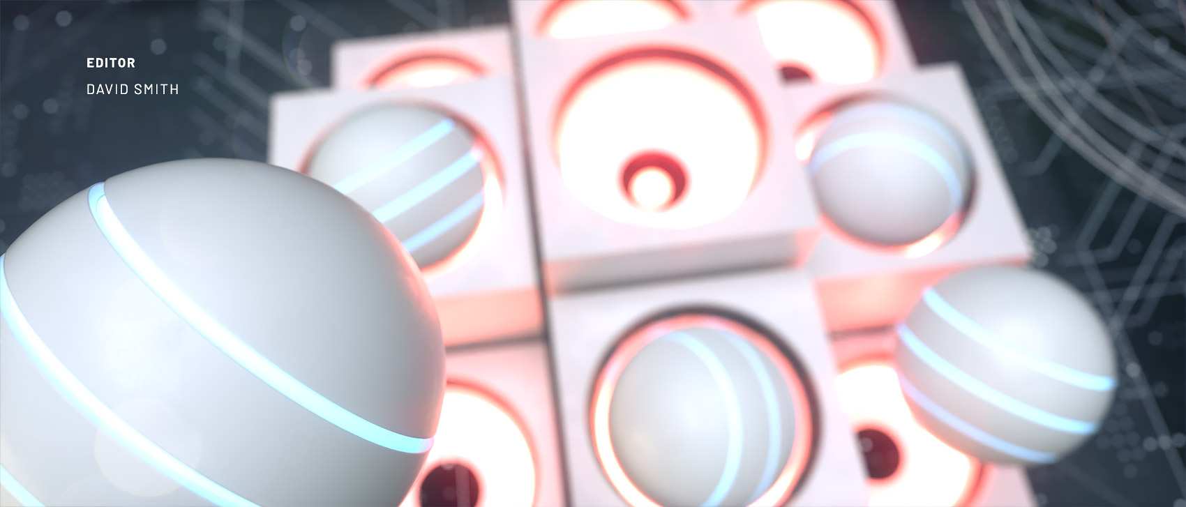 A dynamic top-down title sequence frame showcasing multiple white striped orbs floating above a geometric block structure, illuminated from beneath by a vibrant, warm crimson sub-surface glow against a faint circuit matrix floor.