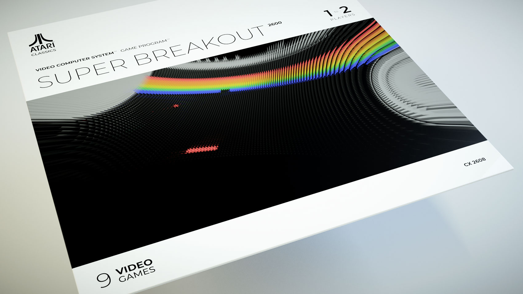An angled close-up view of the Super Breakout sleeve design, showcasing a vibrant rainbow stripe generated as an extruded 3D voxel curve next to concentric black waves and a pixelated red paddle layout on a white backdrop.