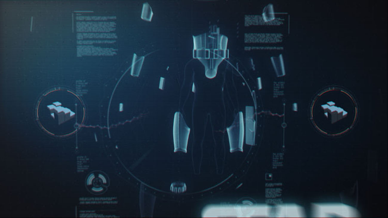A wide, low-key style frame displaying a distant orthographic 3D Stormtrooper figure centered inside a broad circular UI tracking ring with flanking geometric telemetry cubes.