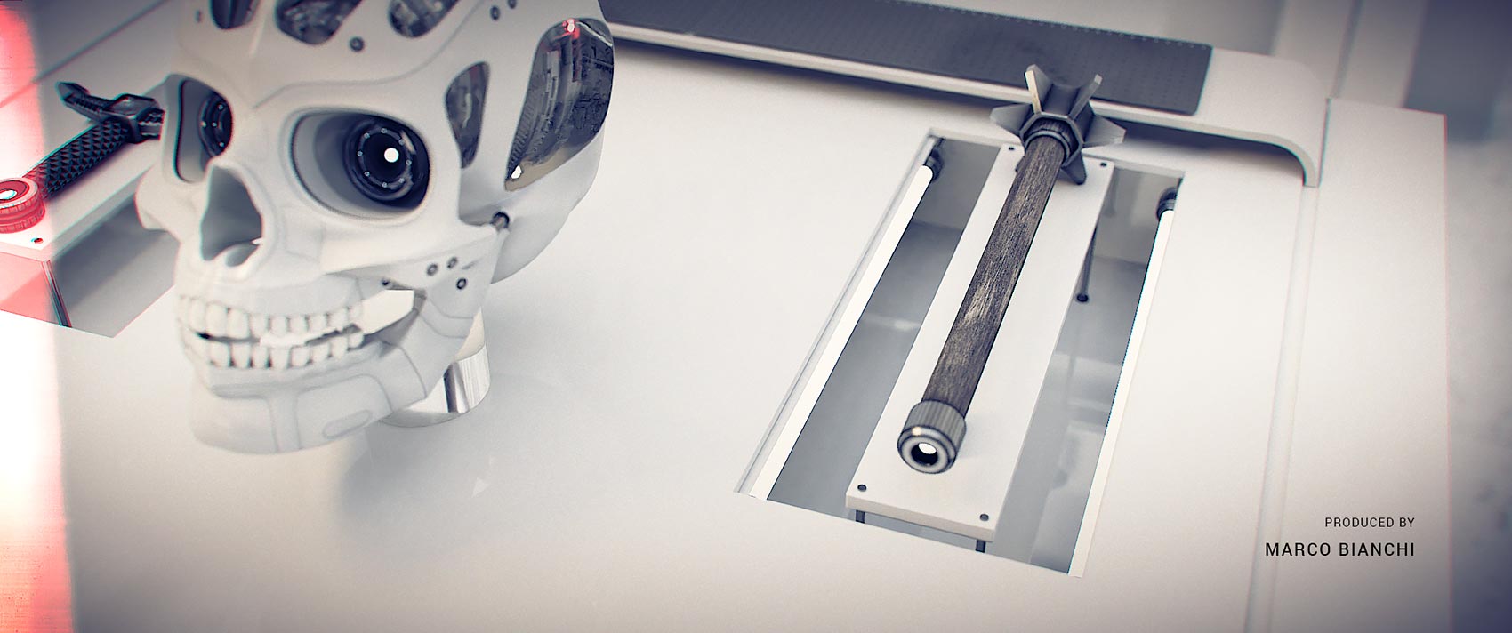 An angular perspective shot of a white laboratory workspace featuring a synthetic skull with visible mechanical eye apertures next to a 3D modelled medieval mace shaft on a raised platform.