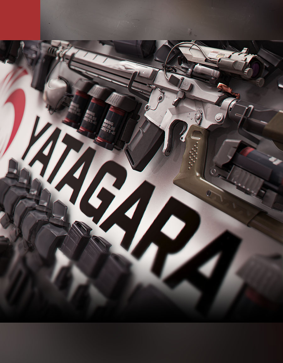 A dramatic close-up composition of a modern assault rifle mounted against a clean white panel featuring bold black "YATAGARA" corporate typography and modular mag accessories.