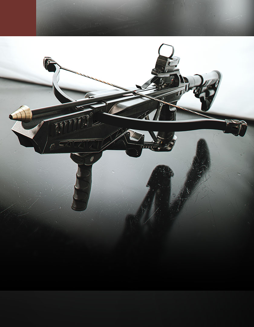A low-key studio portrait of a tactical black combat crossbow weapon system, reflecting cleanly onto a dark, polished, high-gloss floor tile.