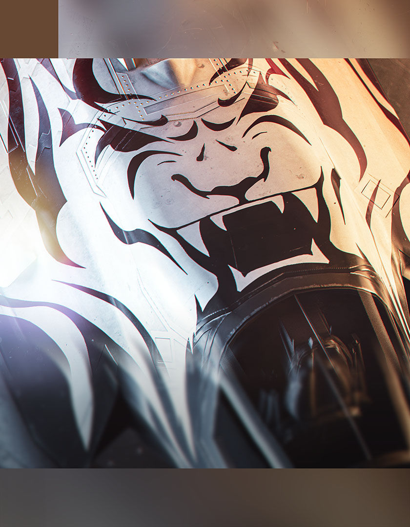 A dramatic close-up frame highlighting a aggressive black and white tiger graphic paint layout applied to the nose cone of a military fighter jet, captured with high-contrast cinematic lighting.