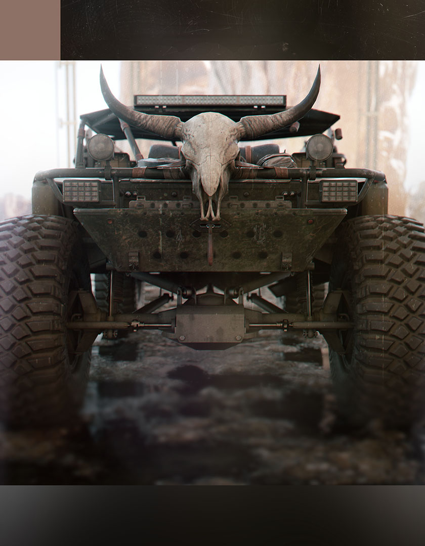 A rear-view alignment shot of a rugged, dark green off-road military quad bike carrying an integrated animal skull trophy motif over its rear cargo rack frame.
