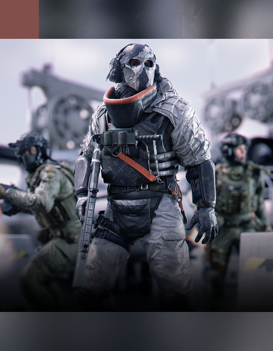 A cinematic 3D character illustration of a heavily armoured specialist soldier wearing a stylized white ballistic skull mask and dark tactical plate carrier, posed on a ship deck with supporting infantry blurred in the background.