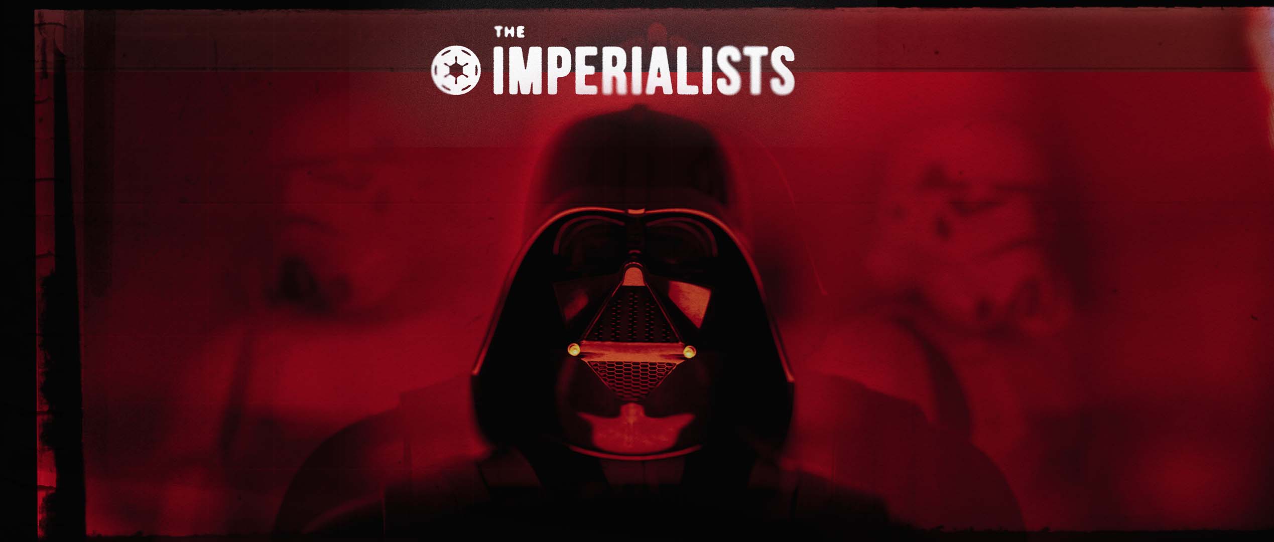 The final hero style frame showing a front-facing 3D render of Darth Vader with flanking Stormtroopers in a deep crimson mist, crowned by the clean white title logo and the Imperial crest emblem.
